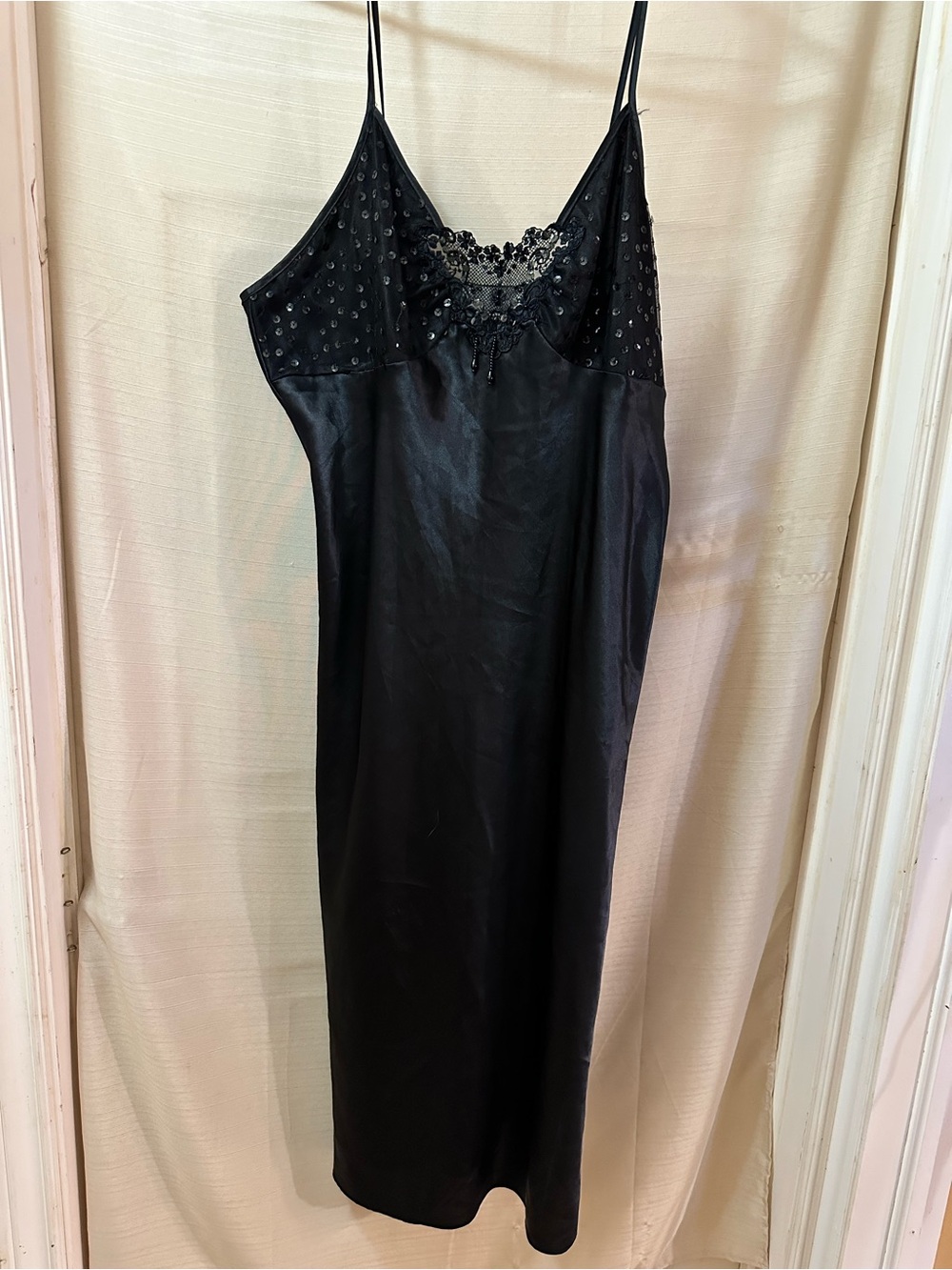 Val Mode Black Satin Lace Sequin Slip Nightgown Lingerie XL Side Slit Sexy